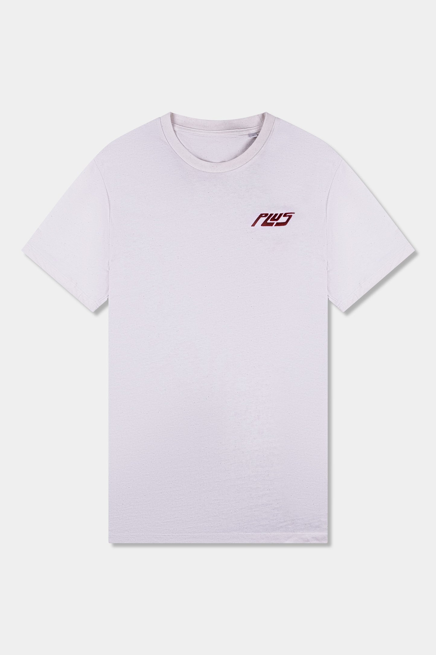 Unisex cotton t-shirt in raw natural with a comfortable fit, featuring PLUS logo perfect for casual wear