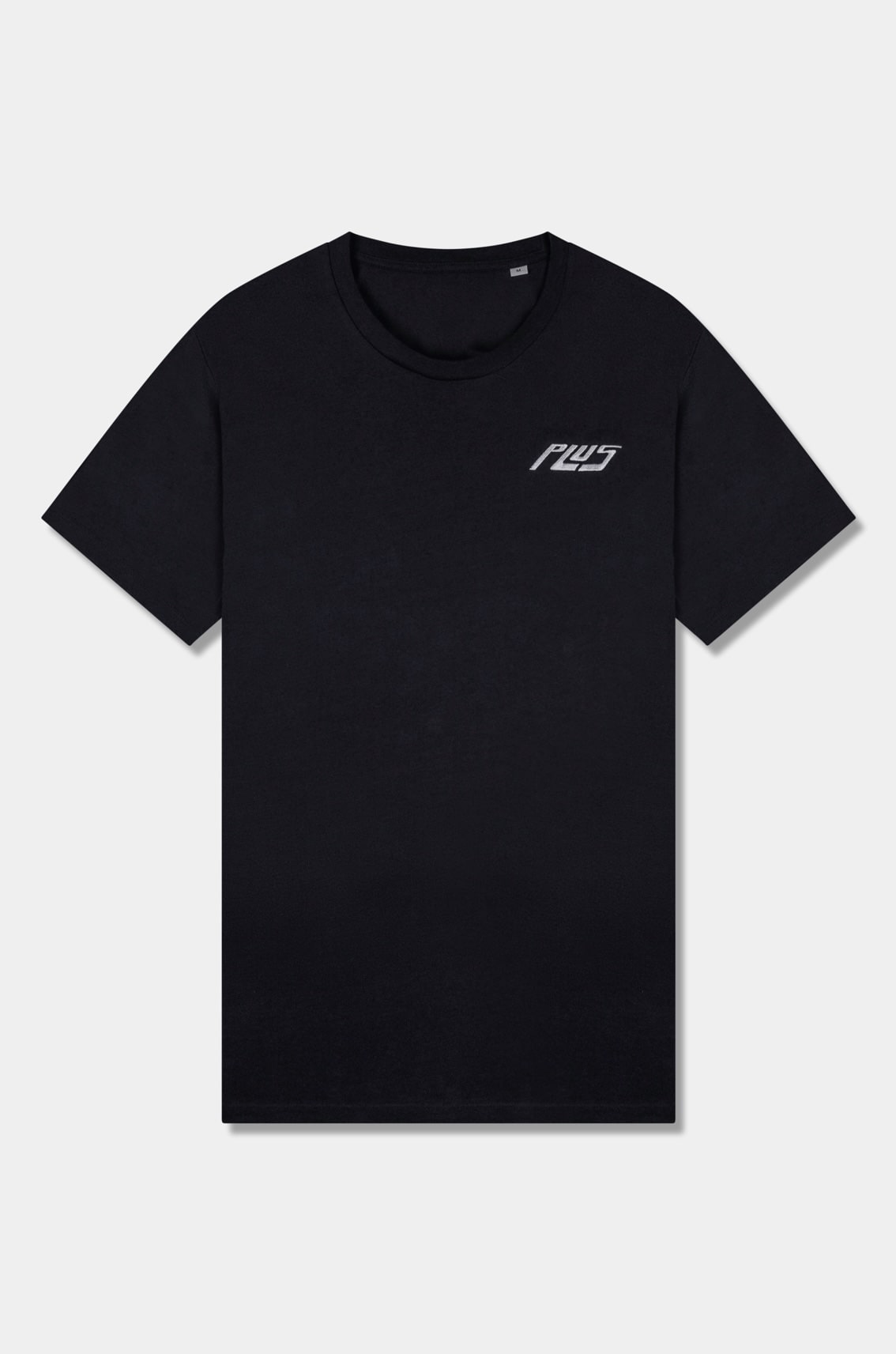 Unisex cotton t-shirt in black with a comfortable fit, featuring PLUS logo perfect for casual wear