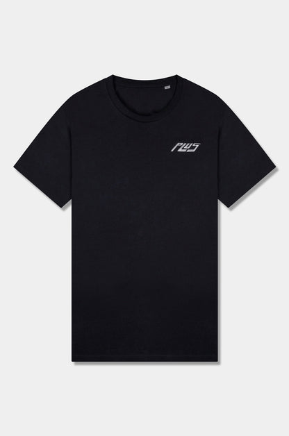 Unisex cotton t-shirt in black with a comfortable fit, featuring PLUS logo perfect for casual wear