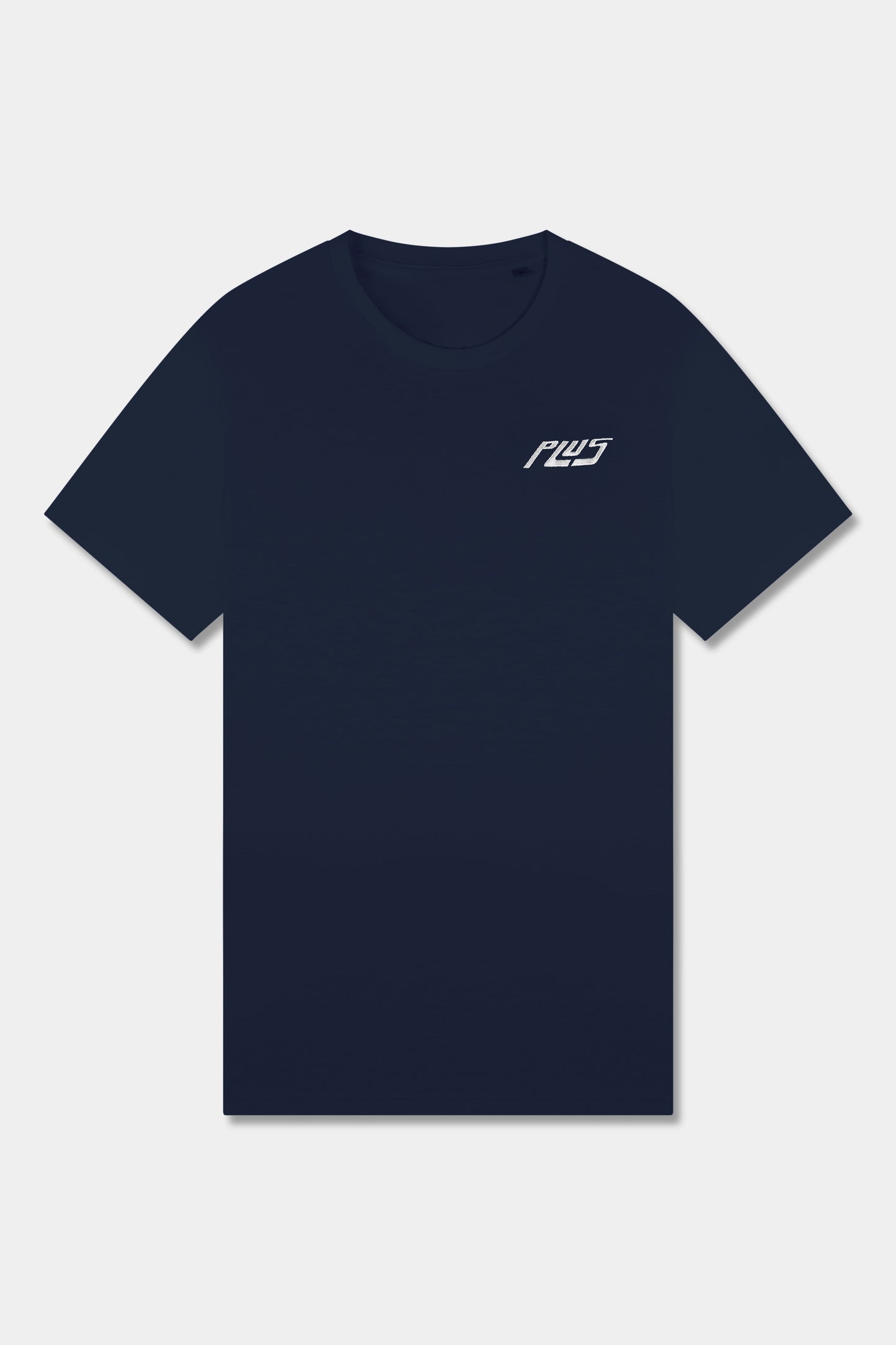 Unisex cotton t-shirt in navy blue with a comfortable fit, featuring PLUS logo perfect for casual wear