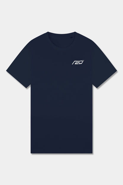 Unisex cotton t-shirt in navy blue with a comfortable fit, featuring PLUS logo perfect for casual wear