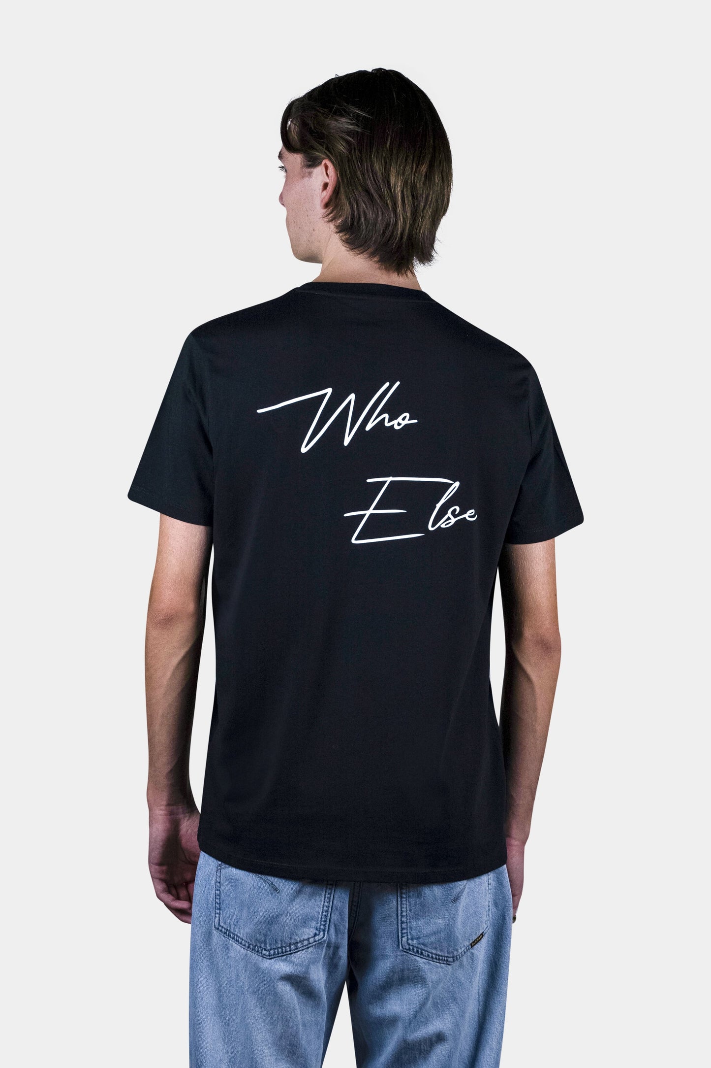 Unisex cotton t-shirt in black with a comfortable fit, featuring Who Else logo  on the back perfect for casual wear