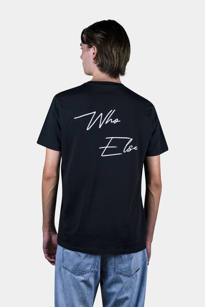 Unisex cotton t-shirt in black with a comfortable fit, featuring Who Else logo  on the back perfect for casual wear