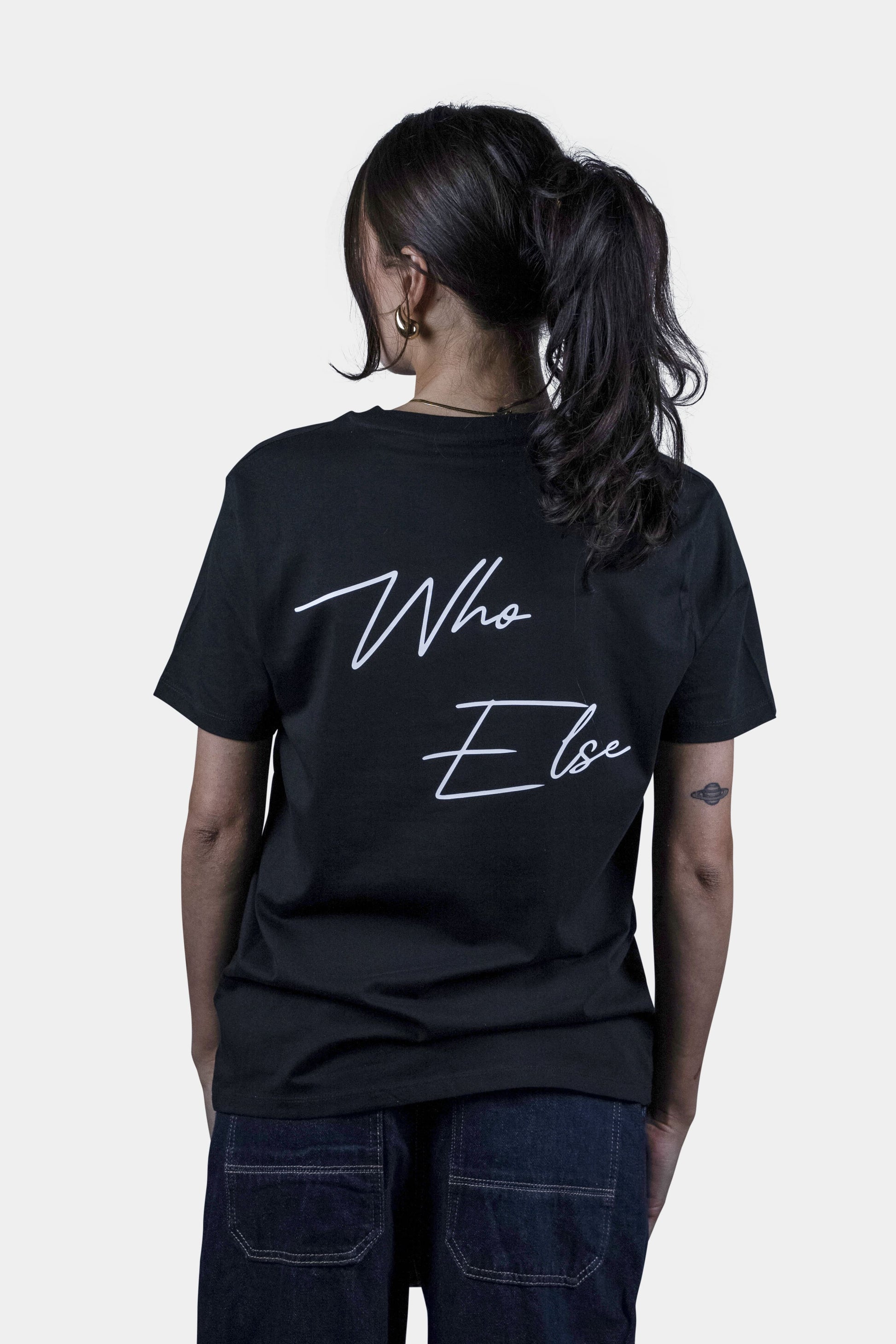 Unisex cotton t-shirt in black with a comfortable fit, featuring Who Else logo  on the back perfect for casual wear
