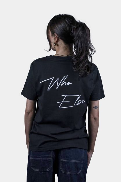 Unisex cotton t-shirt in black with a comfortable fit, featuring Who Else logo  on the back perfect for casual wear