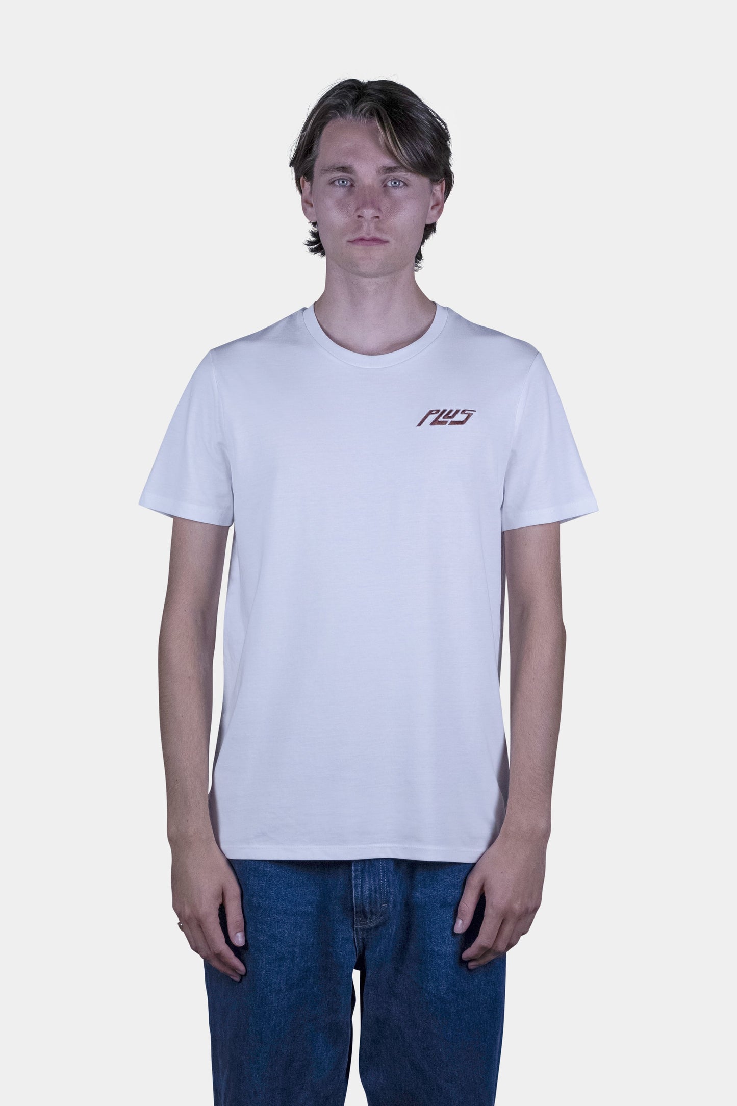 Unisex cotton t-shirt in white  with a comfortable fit, featuring PLUS logo perfect for casual wear