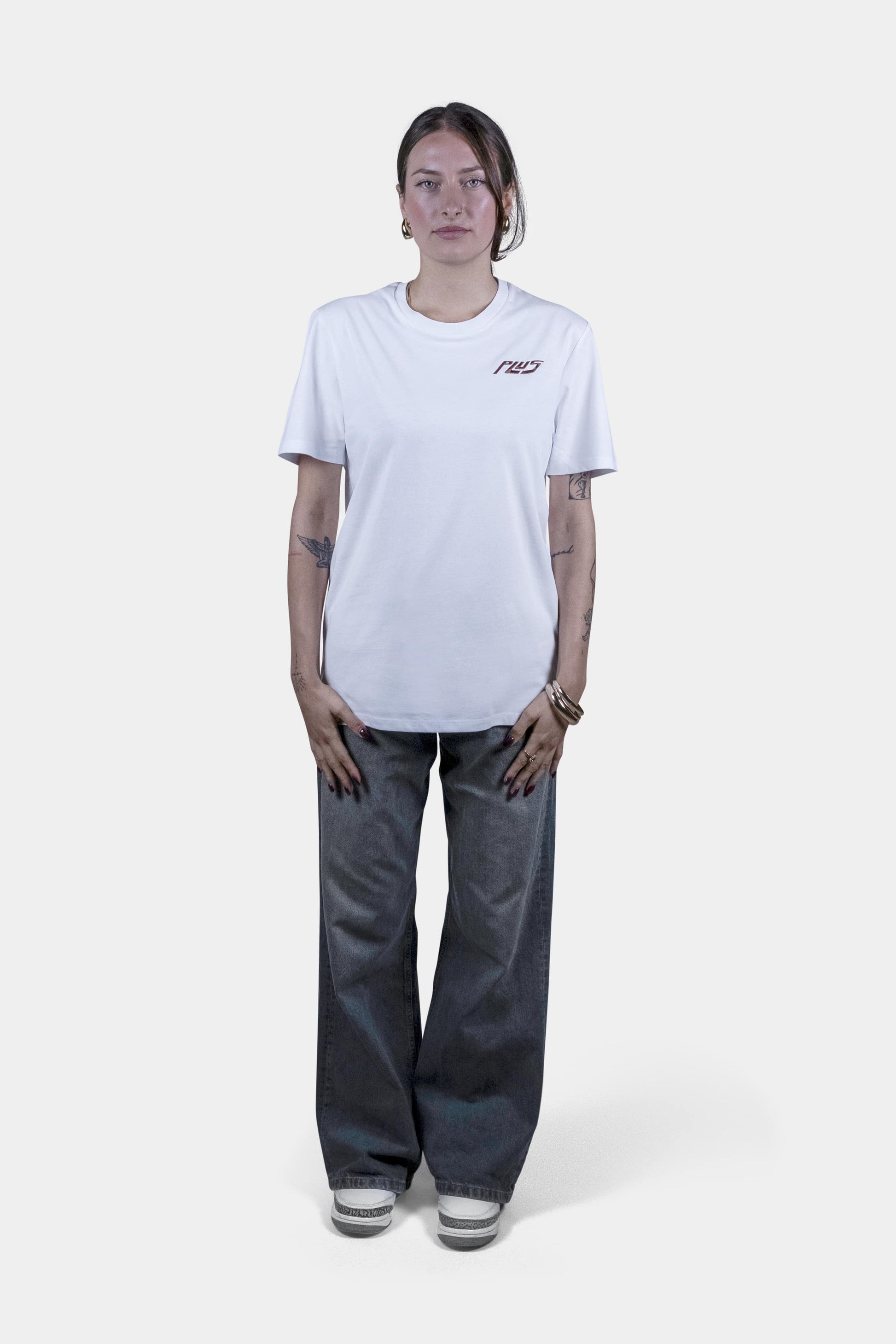 Unisex cotton t-shirt in white  with a comfortable fit, featuring PLUS logo perfect for casual wear