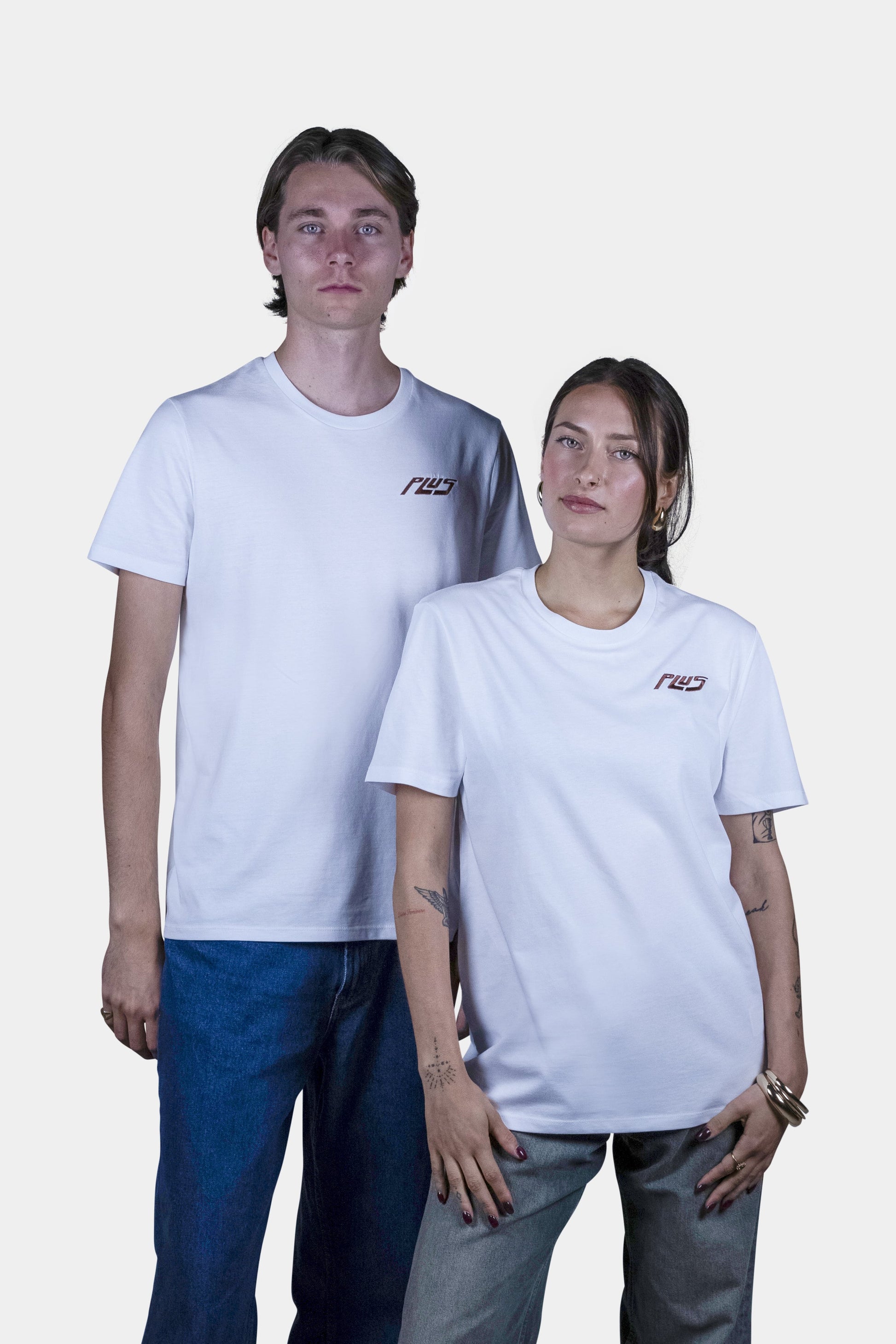 Unisex cotton t-shirt in white  with a comfortable fit, featuring PLUS logo perfect for casual wear