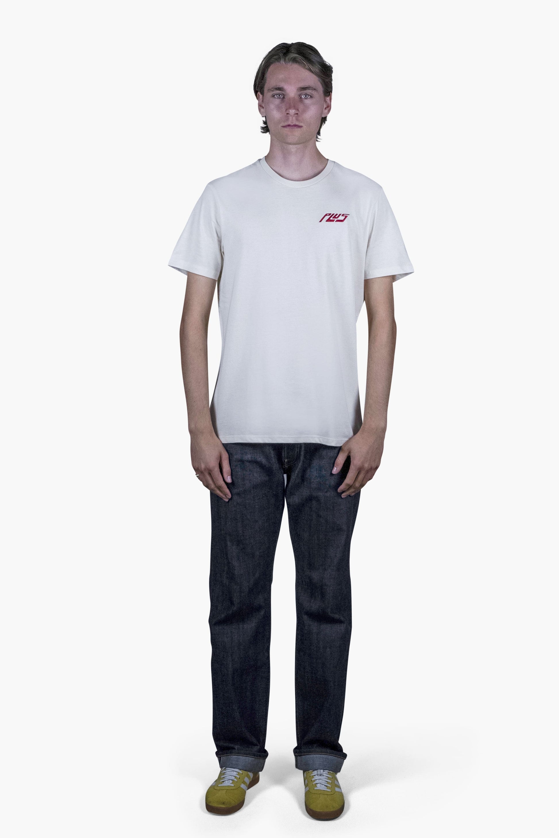 Unisex cotton t-shirt in raw natural with a comfortable fit, featuring PLUS logo perfect for casual wear