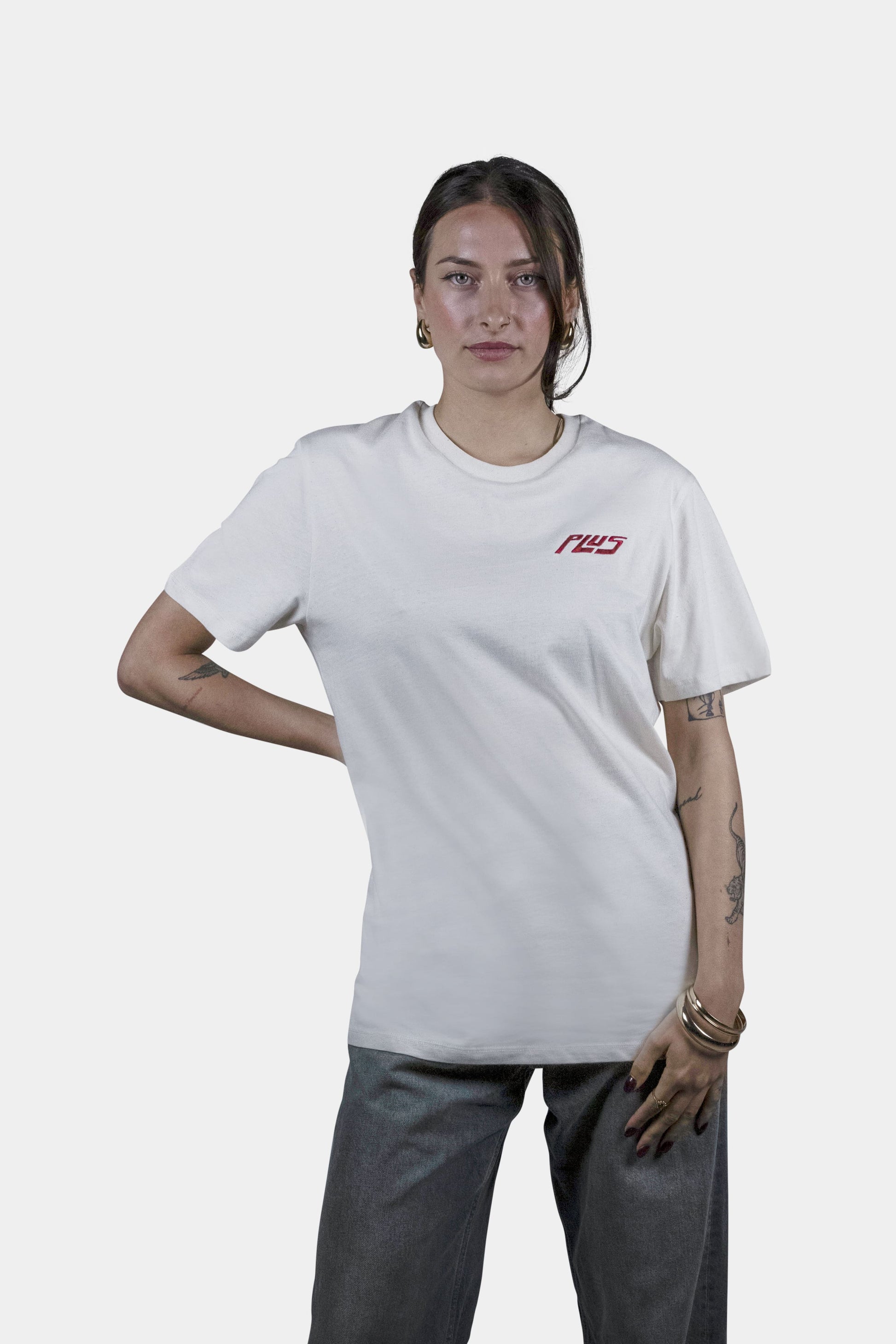Unisex cotton t-shirt in raw natural with a comfortable fit, featuring PLUS logo perfect for casual wear