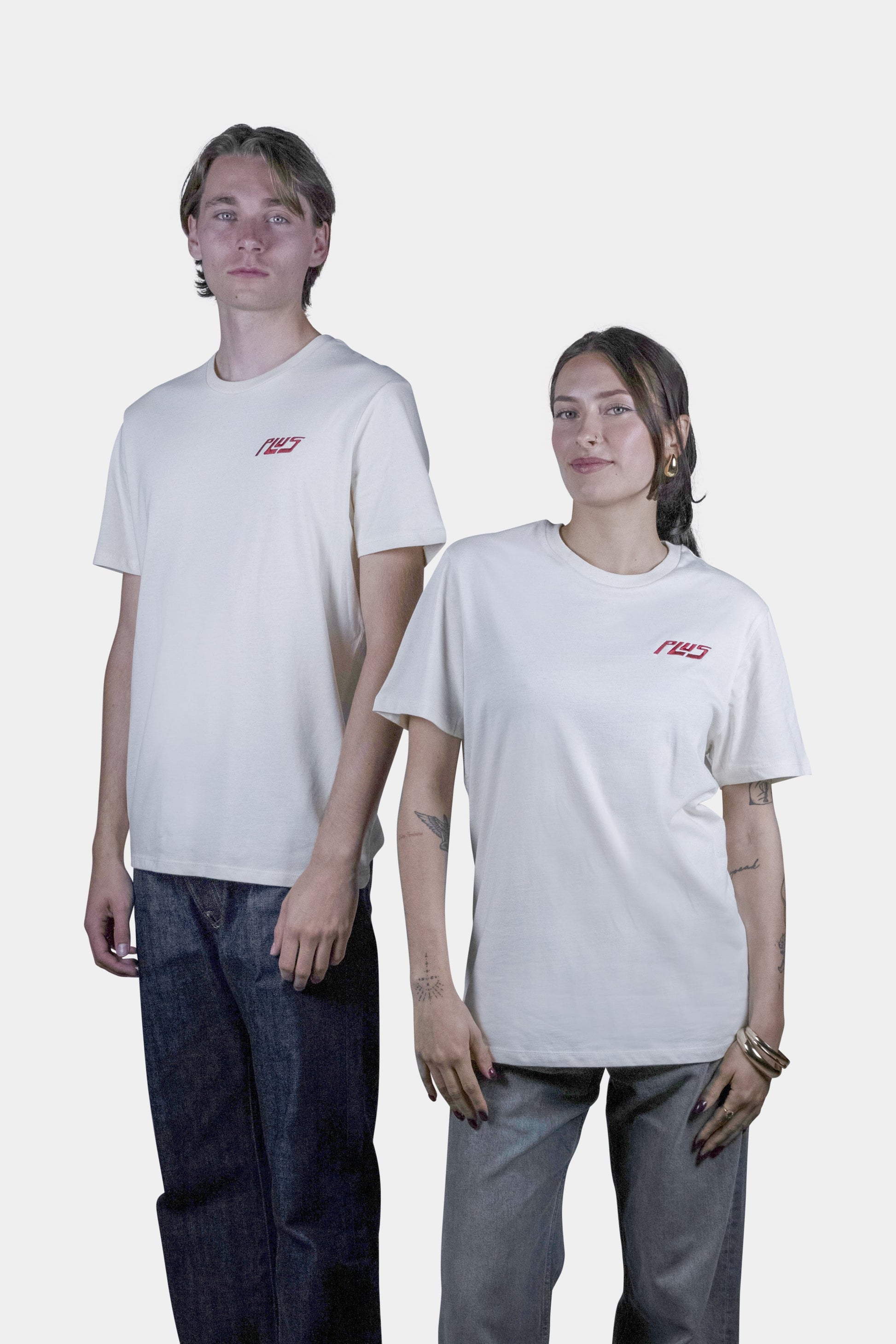 Unisex cotton t-shirt in raw natural with a comfortable fit, featuring PLUS logo perfect for casual wear
