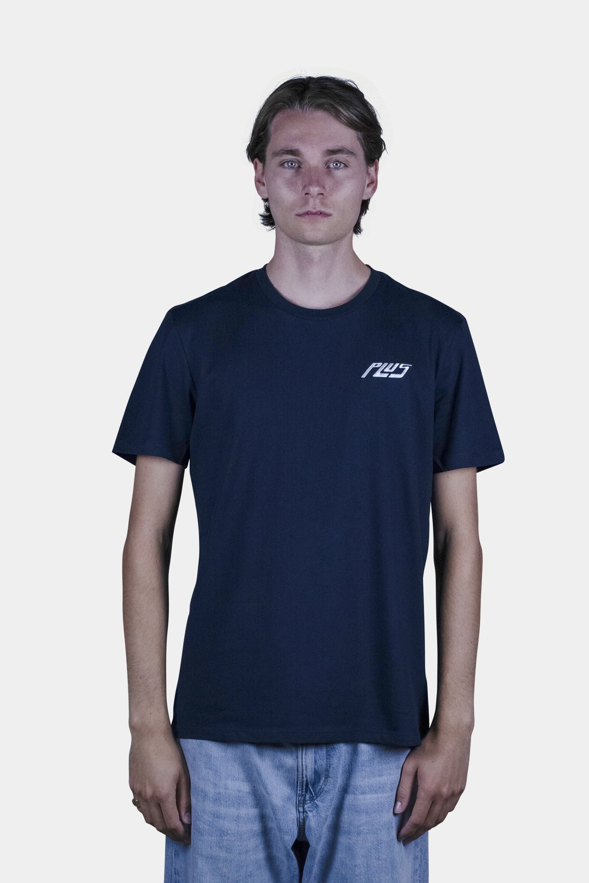 Unisex cotton t-shirt in navy blue with a comfortable fit, featuring PLUS logo perfect for casual wear