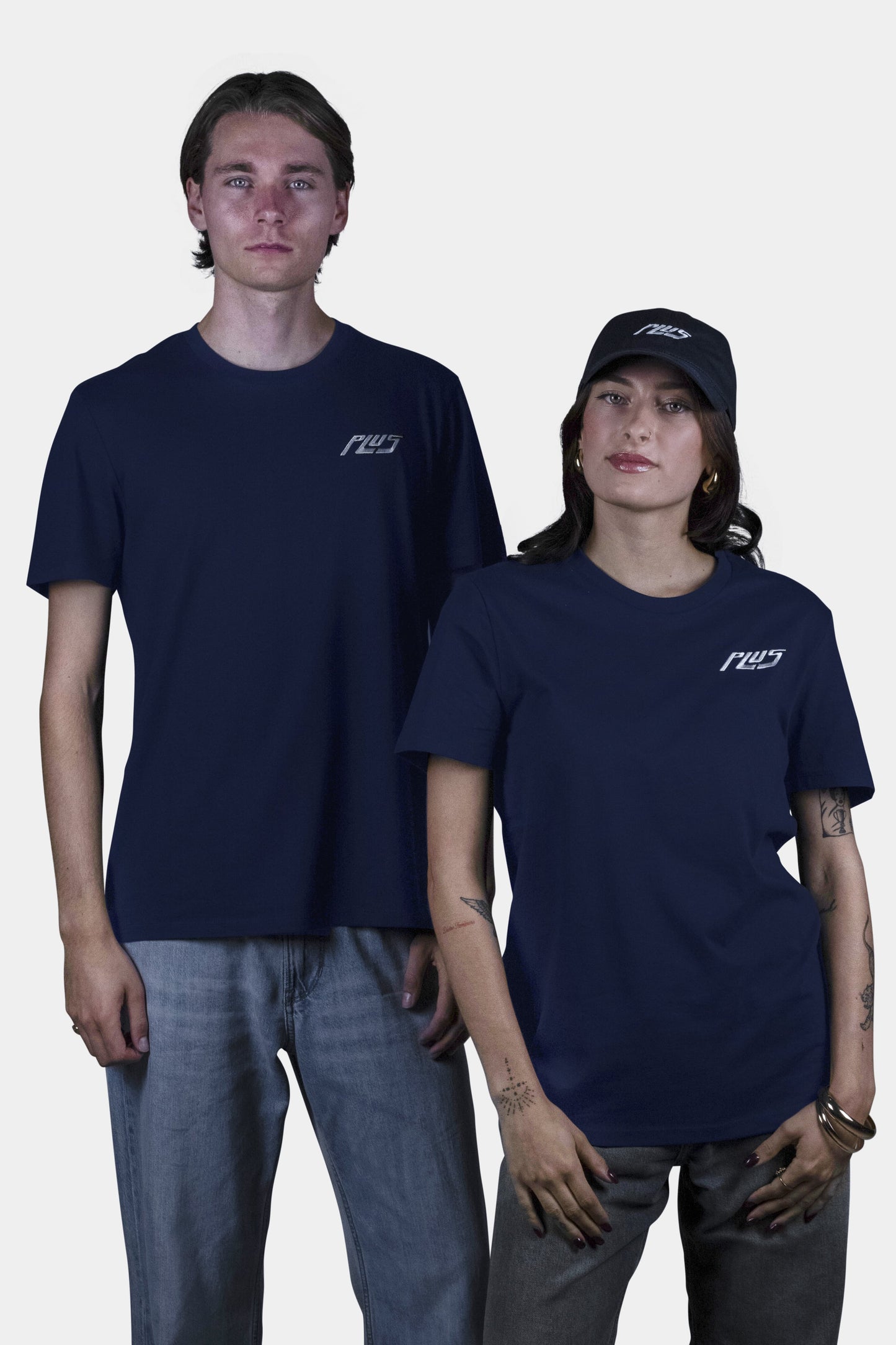 Unisex cotton t-shirt in navy blue with a comfortable fit, featuring PLUS logo perfect for casual wear