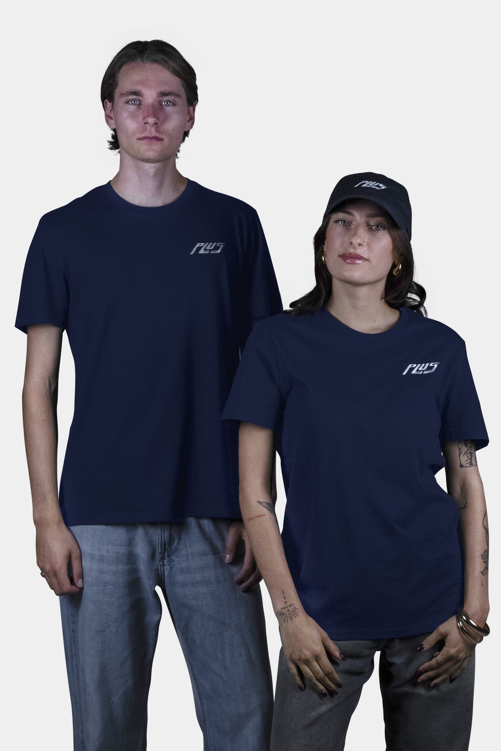 Unisex cotton t-shirt in navy blue with a comfortable fit, featuring PLUS logo perfect for casual wear