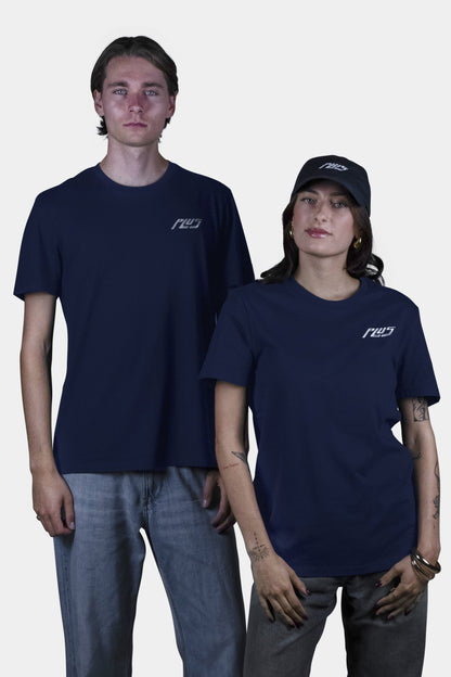 Unisex cotton t-shirt in navy blue with a comfortable fit, featuring PLUS logo perfect for casual wear