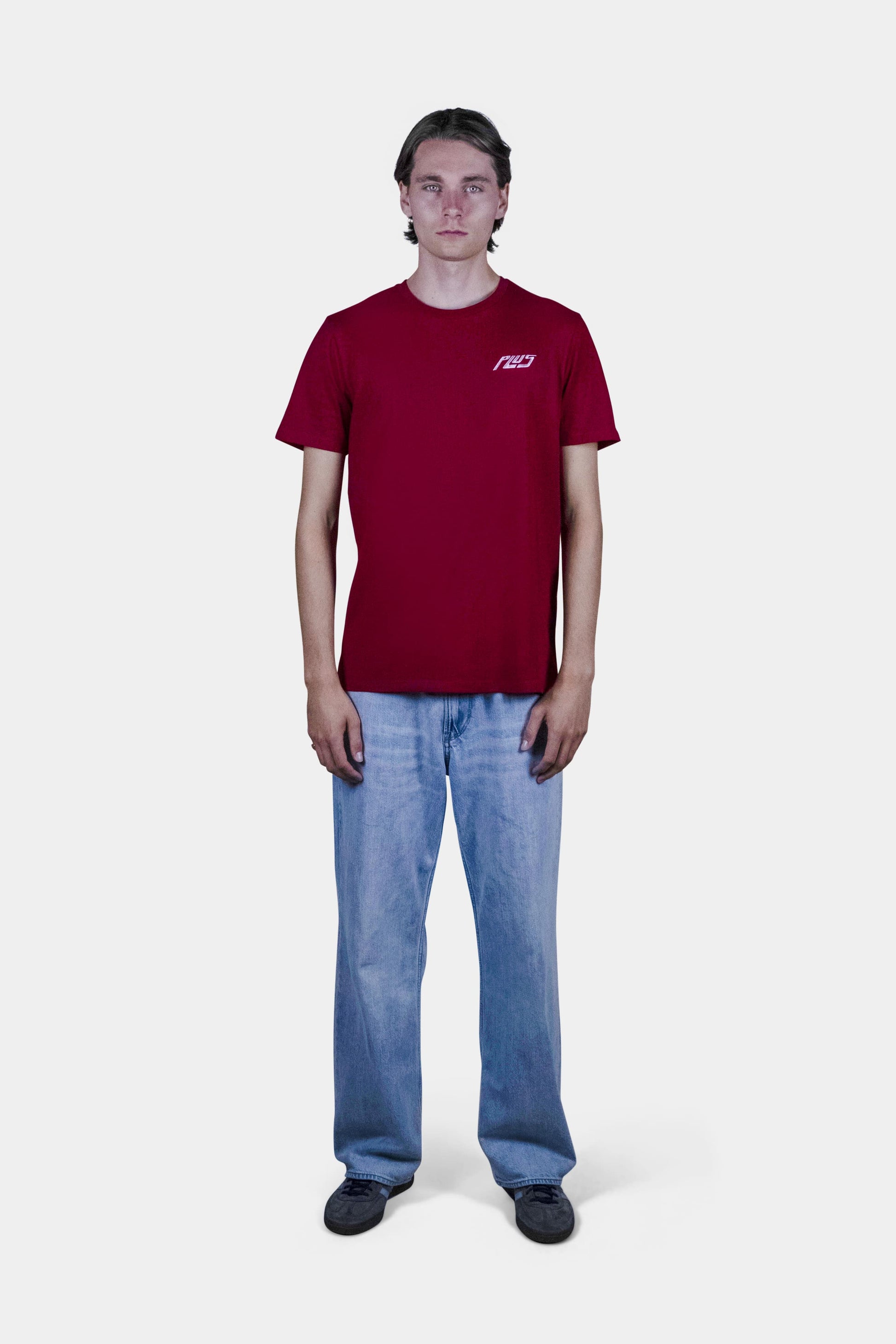 Unisex cotton t-shirt in red with a comfortable fit, featuring PLUS logo perfect for casual wear