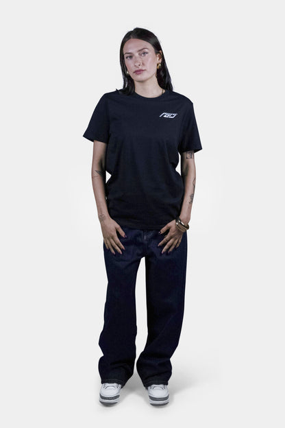 Unisex cotton t-shirt in black with a comfortable fit, featuring PLUS logo perfect for casual wear