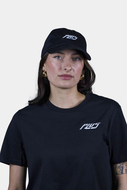 Adjustable black baseball cap with embroidered logo, perfect for sun protection and casual style