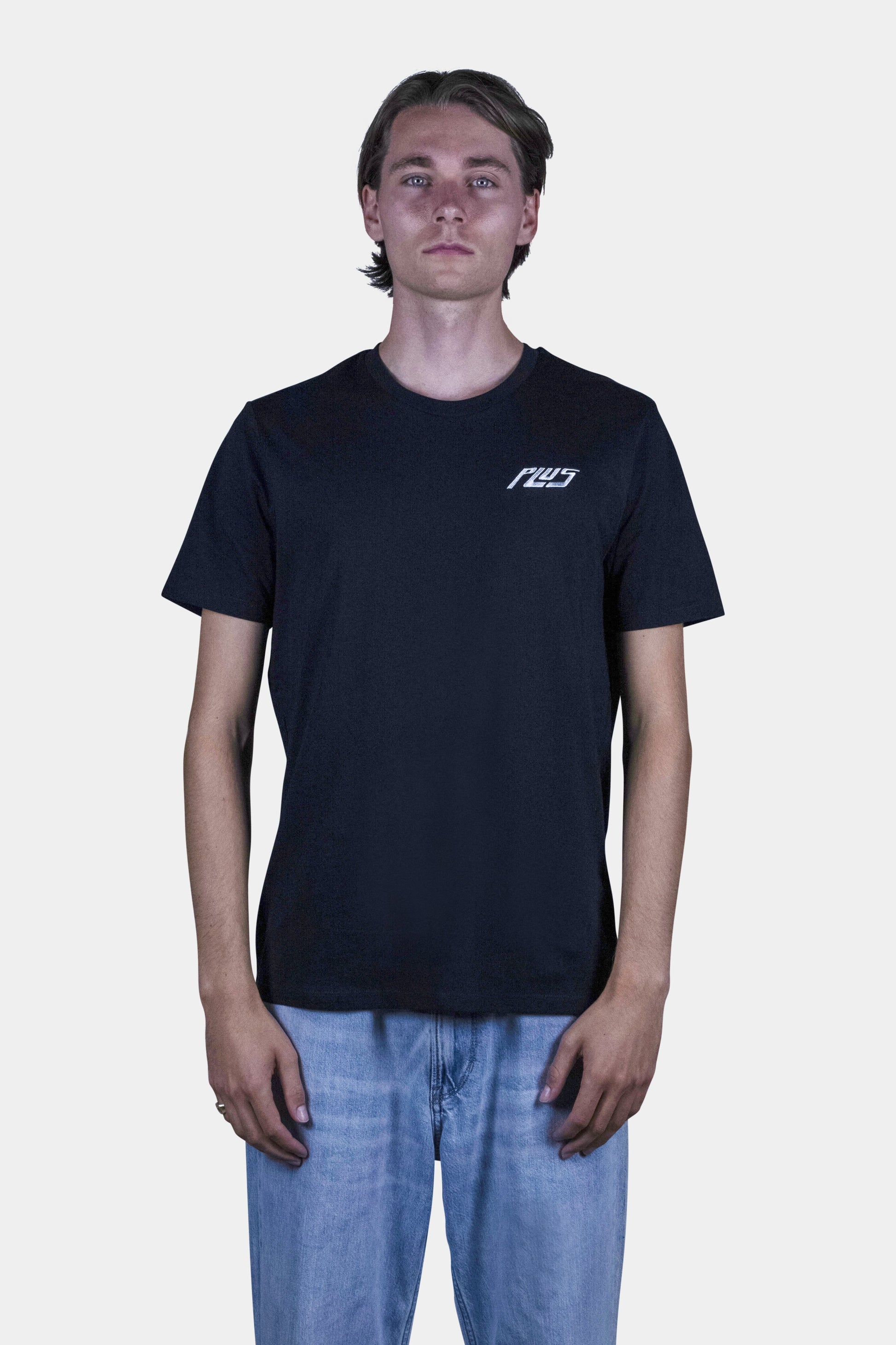 Unisex cotton t-shirt in black with a comfortable fit, featuring PLUS logo perfect for casual wear