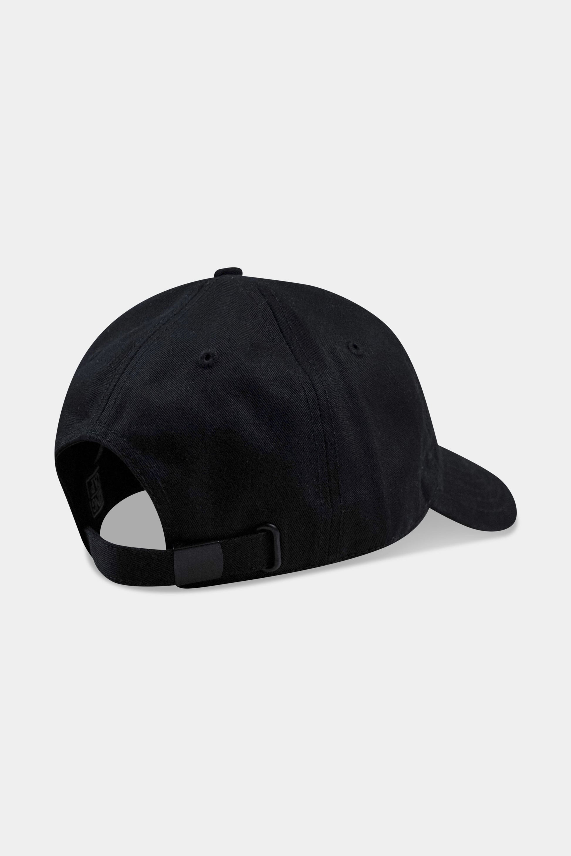 Adjustable black baseball cap with embroidered logo, perfect for sun protection and casual style