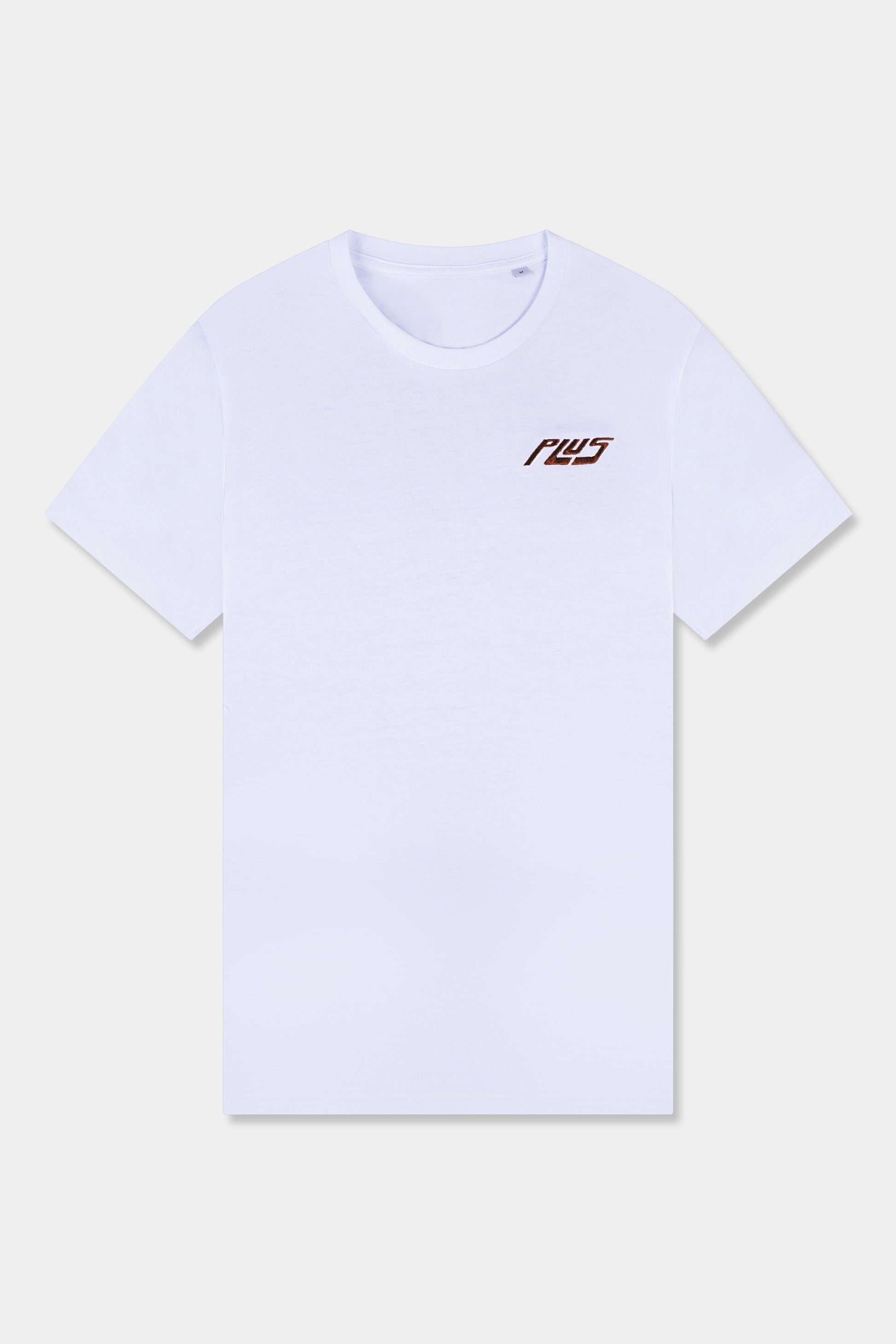 Unisex cotton t-shirt in white  with a comfortable fit, featuring PLUS logo perfect for casual wear