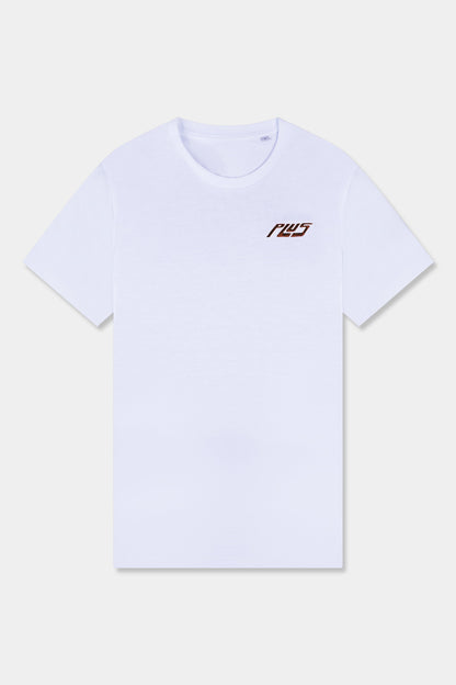 Unisex cotton t-shirt in white  with a comfortable fit, featuring PLUS logo perfect for casual wear