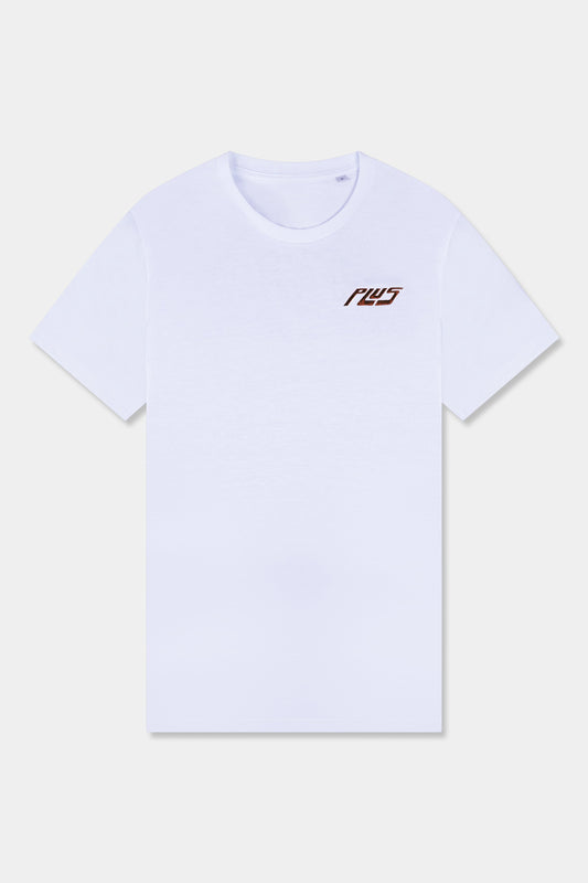 Unisex cotton t-shirt in white  with a comfortable fit, featuring PLUS logo perfect for casual wear