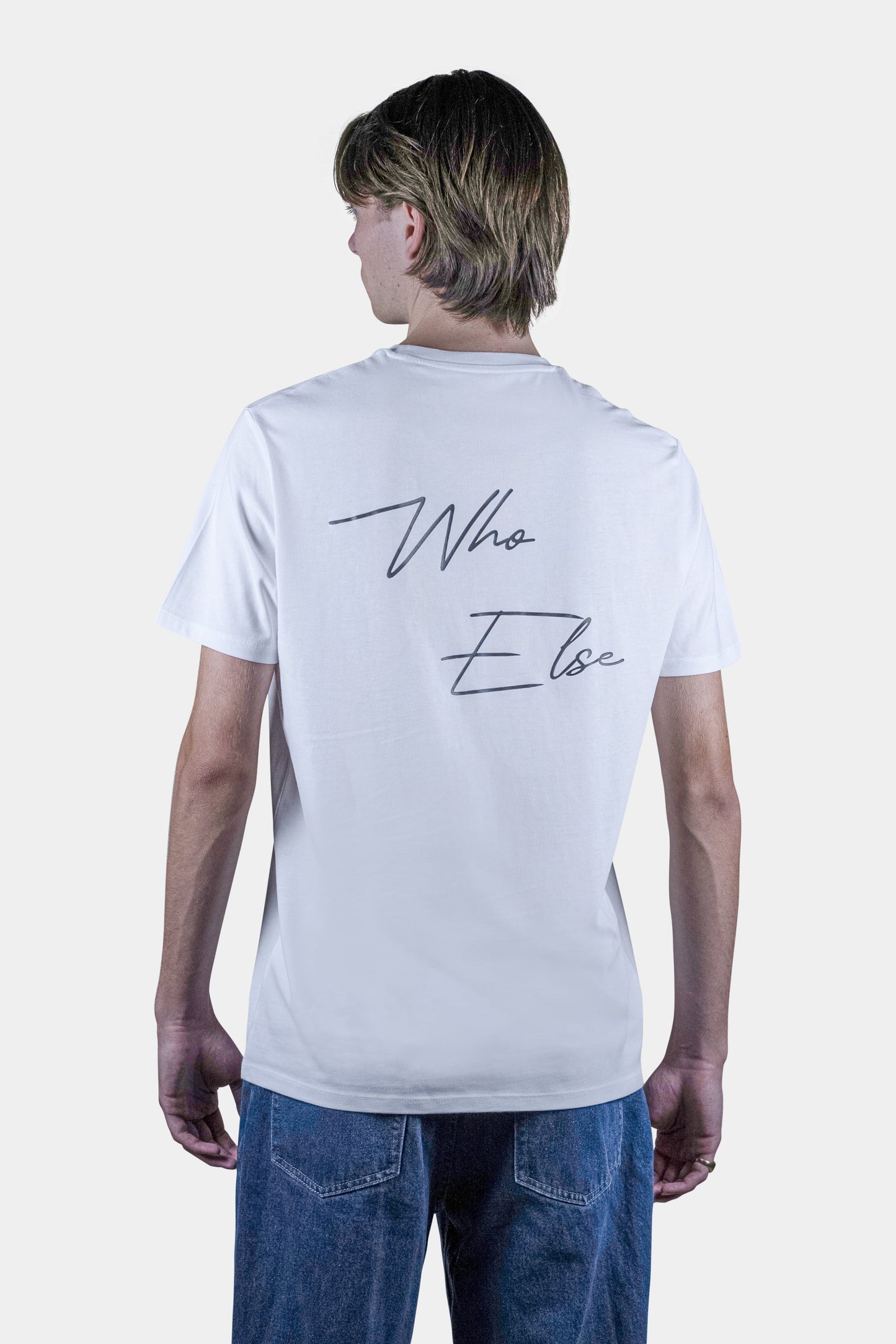 Unisex cotton t-shirt in white with a comfortable fit, featuring Who Else logo  on the back perfect for casual wear