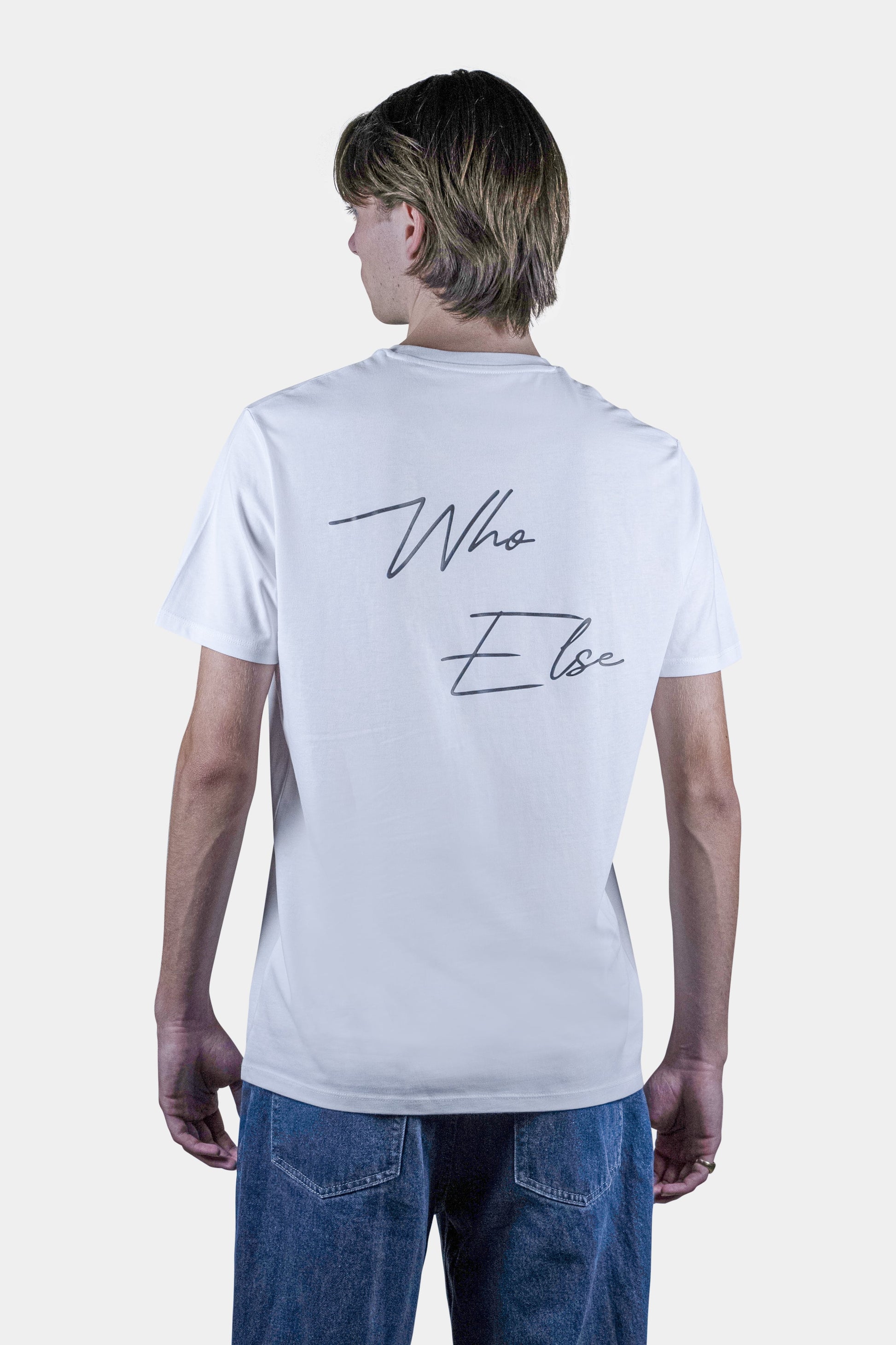 Unisex cotton t-shirt in white with a comfortable fit, featuring Who Else logo  on the back perfect for casual wear